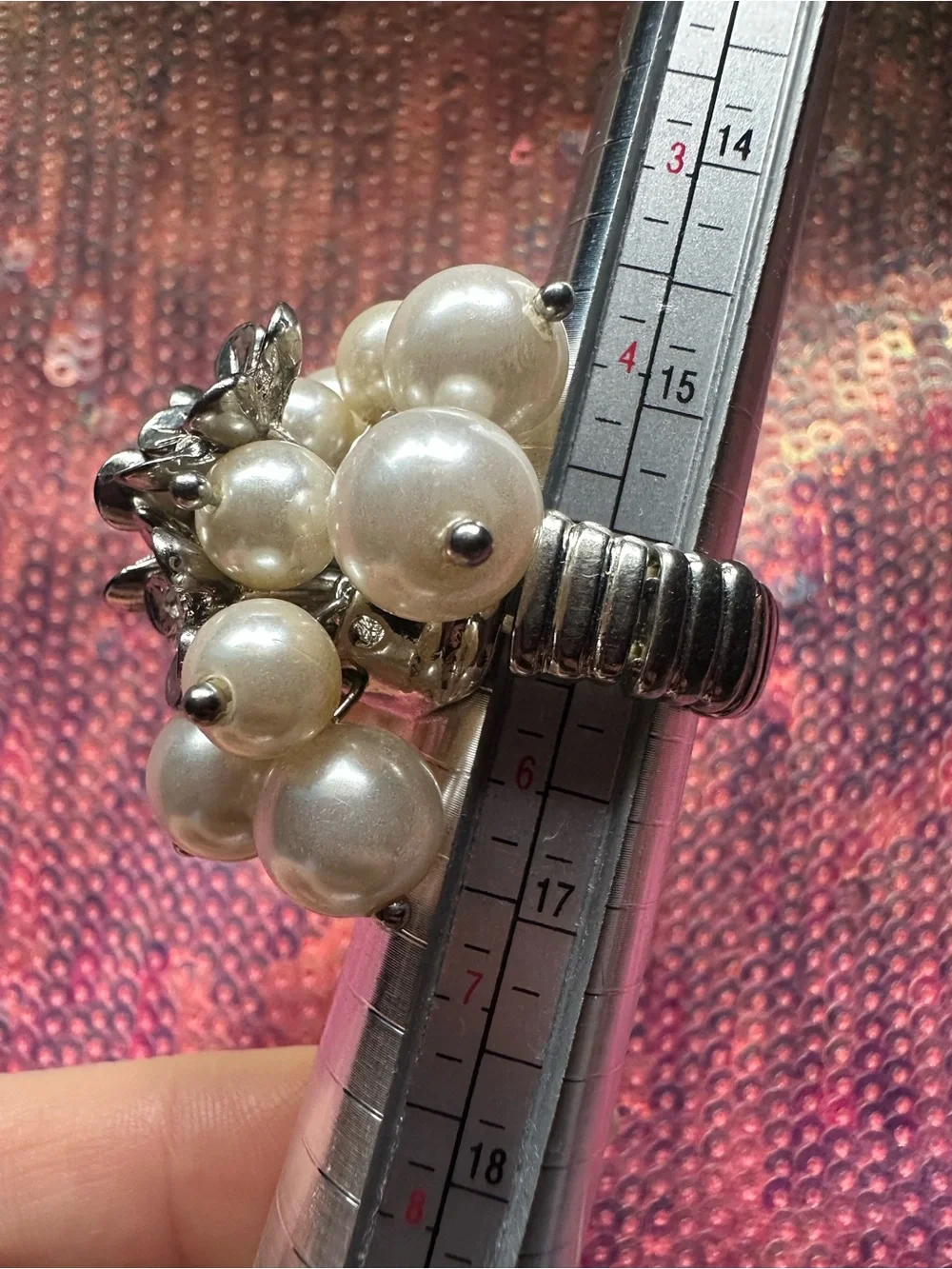 Floral & Pearl Cluster Silver Tone Stretch Ring